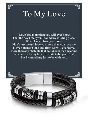 Bandmax Men's Black Double Wax Rope Bracelet Waterproof Stainless Steel Norse Style Celtic Knot Beads Wristband 7-9 Inch Gift for Men Father Husband Son Grandson - color: 04 With Card To My Love, size: 8.26 Inches (21cm)