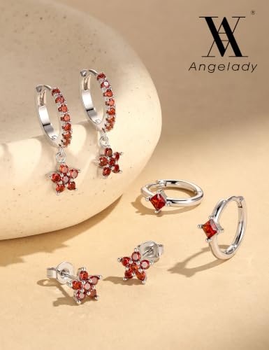 Angelady Gold Hoop Earrings Set for Women, Dainty 14K Gold Plated Flower Moon Cross Dangle Earrings, Hypoallergenic Huggie Hoop Earring Stacks, Stud Earrings for Women Trendy Jewelry Gift - color: Silver Red CZ