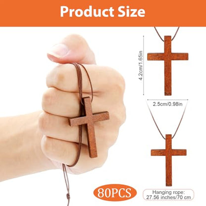Wood Cross Necklace Bulk Set, Wooden Cross Pendant with Cord - color: 80 Pcs
