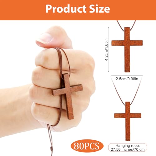 Wood Cross Necklace Bulk Set, Wooden Cross Pendant with Cord - color: 80 Pcs