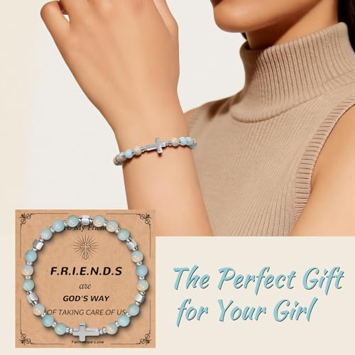 Natural Stone Stretch Bracelet for Women - Holy Water Elastic Cross Bracelet | Christmas Christian Baptism Gift, Meaningful Gifts, Unique Gift for Friends Mom Daughter Sister - style: cross-Every Day