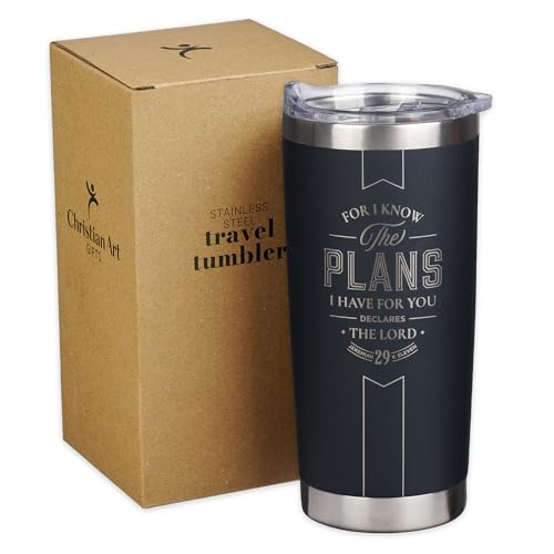 Christian Art Gifts Large Stainless Steel Inspirational Travel Tumbler for Men & Women: Know the Plans Encouraging Bible Verse, Engraved Double Wall Vacuum Insulated, Lid, 24hr Hot/Cold, Black, 18 oz. - color: Black/Know the Plans