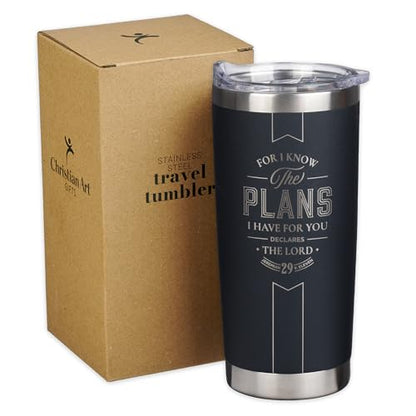 Christian Art Gifts Large Stainless Steel Inspirational Travel Tumbler for Men & Women: Know the Plans Encouraging Bible Verse, Engraved Double Wall Vacuum Insulated, Lid, 24hr Hot/Cold, Black, 18 oz. - color: Black/Know the Plans