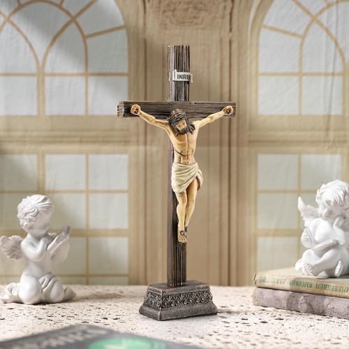 Magicsculp 10.8" H Jesus Crucifix Statue - Resin Standing Wall Cross Decoration, Praying Religious Figurine Jesus Christ Catholic Display, Hanging or Tabletop with Stand for Home Decor - color: Yellow