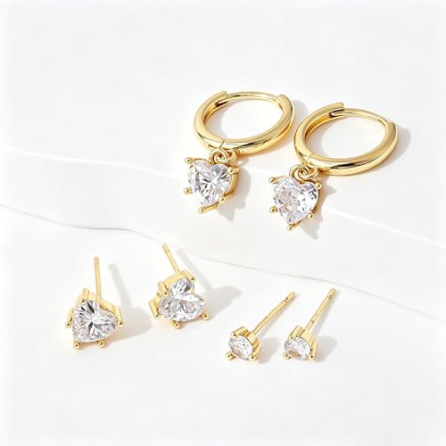 SHERLOVE Gold Earring Stacks Women 3Pairs Dangle Stud Huggie Hoop Set - color: 3 Pairs-Heart 01 Stud Gold