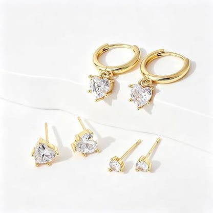 SHERLOVE Gold Earring Stacks Women 3Pairs Dangle Stud Huggie Hoop Set - color: 3 Pairs-Heart 01 Stud Gold