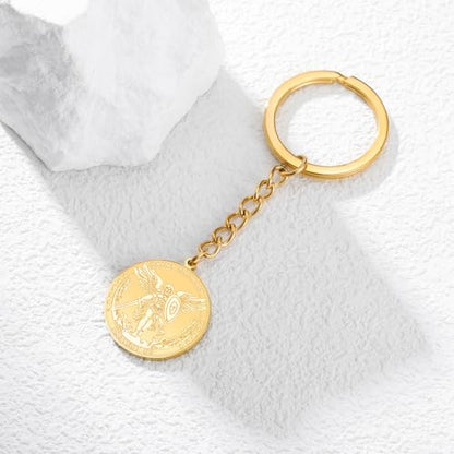 TEAMER Saint Michael Keychain Stainless Steel Religious St. Michael Keychain The Great Protector Archangel Amulet Jewelry - color: Gold