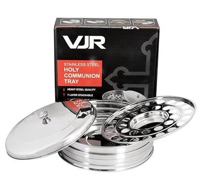 VJR Communion Tray for Churches with Lid, 33-Cup Stainless Steel Communion Set with Reusable Cups, Stackable Church Communion Serving Tray with Bread Plate, Silver, Rust Resistant - style: Bread Plate set 1
