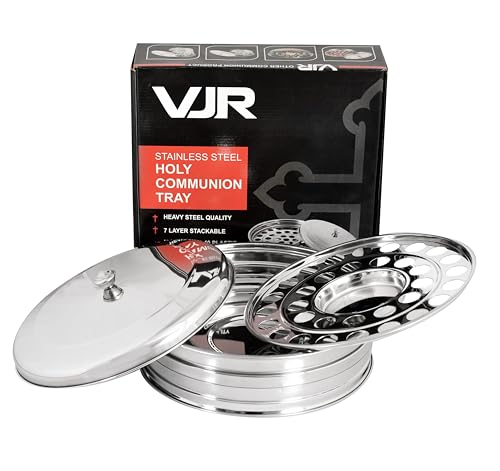VJR Communion Tray for Churches with Lid, 33-Cup Stainless Steel Communion Set with Reusable Cups, Stackable Church Communion Serving Tray with Bread Plate, Silver, Rust Resistant - style: Bread Plate set 1