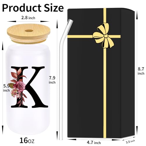 Monogrammed Glass Drinking Cup With Lid Straw Mother Day Best Mama Mom Ever from Daughter Son Christmas Xmas Valentines Birthday Groom Gifts Bride Mother In Law Personalized Unique Special Present,K - style: Letter K
