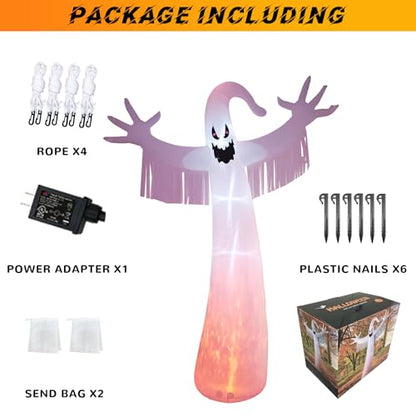 12FT Halloween Inflatables Outdoor Decorations: Inflatable Ghost with Fire Flame and Blinking Red Eyes, Blow up Decor for Yard Garden Lawn Home Holiday Party - style: White Ghost