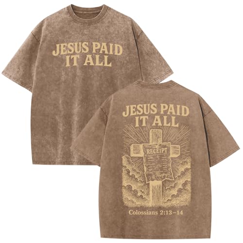 Christian Shirts for Men Religious Cross Bible Verse Jesus Faith Oversized T Shirt Graphic Vintage Acid Wash Tees - color: Coffee, size: X-Large