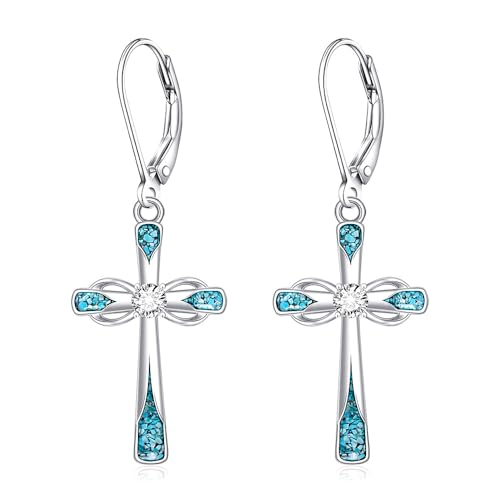 Cross Earrings for Women S925 Sterling Silver Turquoise Music Note Jesus Cross Earrings Dangle Christian Religious Faith Jewelry Birthday Gifts - style: Cross A