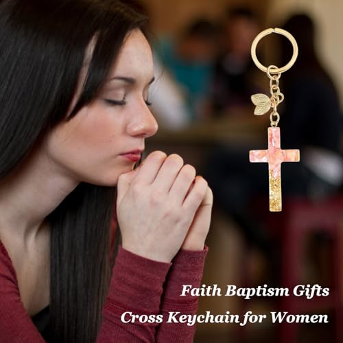 Angyape Cute Christian Cross Keychain for Women Purse Bag Charms Car Key Rings Accessories Flower Design Jesus Faith Gifts - color: I：pink