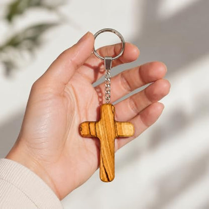 Bethlehem Olive Wood Cross Keychain – Handmade Holy Land Christian Wooden Key Ring Religious Gift