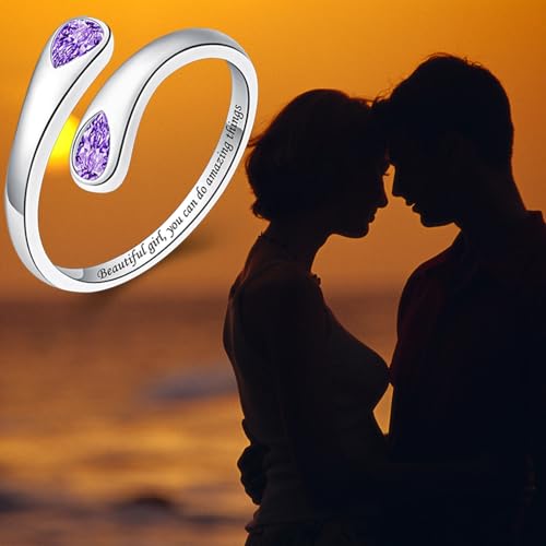 Jinlou Thumb Rings for Women - 925 Sterling Silver Birthstone Open Teardrop Encouragement Adjustable Ring Women Gifts for Teens Mom Birthday Mother's Day St Patricks Day - color: February, style: Beautiful you can do amazing things