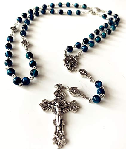 elegantmedical Handmade Blue Tiger Eye Beads Our Lady of Grace Rosary Cross Necklace Catholic Gifts