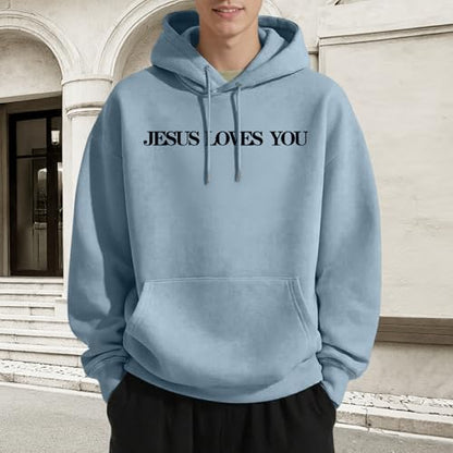Christian Jesus Loves You Hoodies for Teen Religious Faith Sweatshirts Bible Verse Graphic Youth Hoodie - color: Blue Gray, size: Large