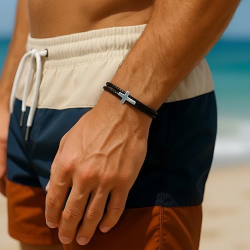 Rowdy Parrot FlexTech Adjustable Silicone Braided Rope Bracelet for Men - Waterproof, Sweatproof, One Size Fits All - Featuring Religious Christian Jesus Cross Design - color: Black Sand | Tarpon Silver