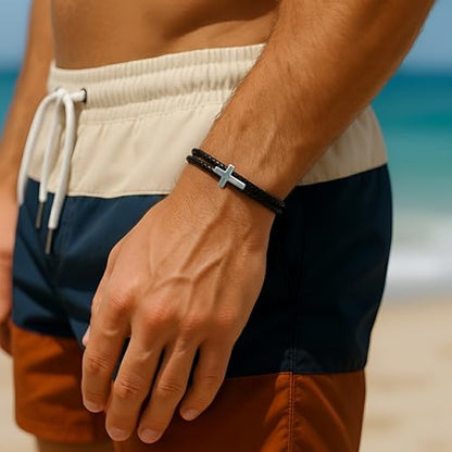 Rowdy Parrot FlexTech Adjustable Silicone Braided Rope Bracelet for Men - Waterproof, Sweatproof, One Size Fits All - Featuring Religious Christian Jesus Cross Design - color: Black Sand | Tarpon Silver