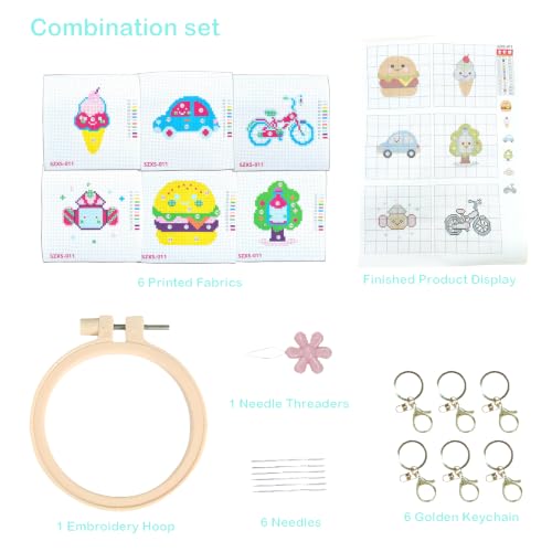 57lilina Easy Embroidery Kit for Kids Beginners, 6 Set Cute Stamped Pattern - color: Tree+Bicycle+Ice Cream+Burger+Car+Candy