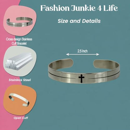 FashionJunkie4Life 925 Sterlin Silver and Stainless Steel Open Cuff Bracelet - color: Thin Cross