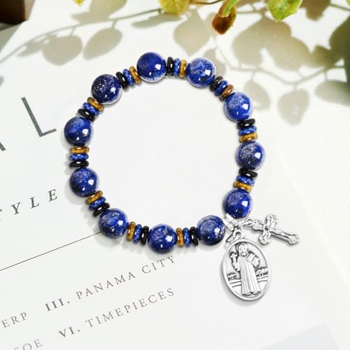 Rosary for Men Women, Natural Stone Beads with St. Benedict Bracelet - color: Lapis Lazuli
