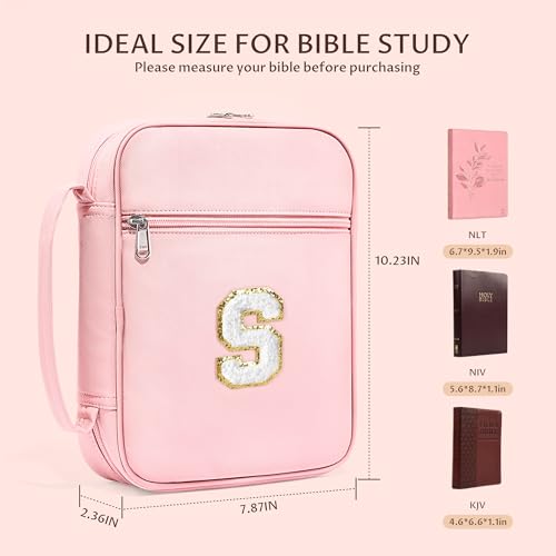 WOBAGMEN Bible Cover for Women,Pink PU Leather Personalized Bible Case with Bible Study Supplies,Including Tabs and Highlighter Set, Faith Chiristain Gift for Women Girls (Pink, S) - size: S