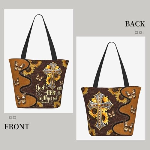 Bible Tote Bags for Women Christian Tote Bag Church Shoulder Bag Inspirational Bags With Zipper Christian Gift - color: God is Within Her She Will Not Fall