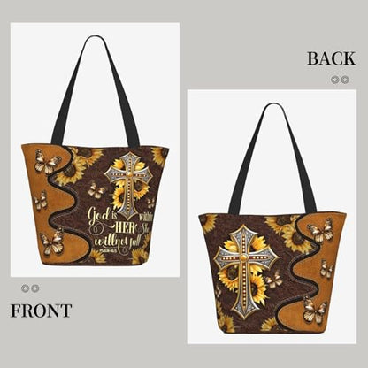 Bible Tote Bags for Women Christian Tote Bag Church Shoulder Bag Inspirational Bags With Zipper Christian Gift - color: God is Within Her She Will Not Fall