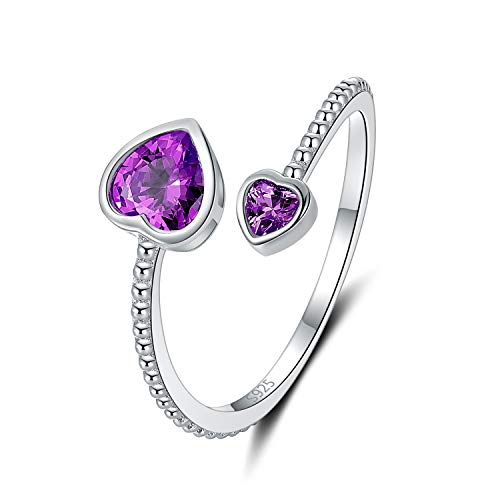 Step Forward 925 Sterling Silver Birthstone Rings for Women - Adjustable Open Heart Ring Constellation Month Band for Her Birthday Gifts Jewelry - color: February
