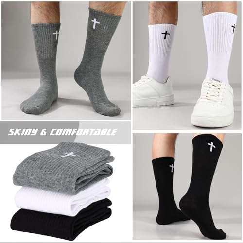 6 Pairs Cross Socks for Men US 7-9 Christian Pastor Crew Socks - color: Black, White, Gray