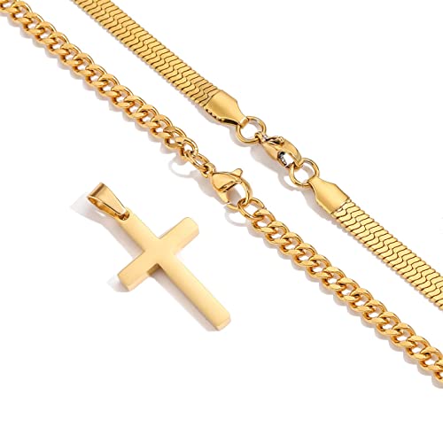Zocomi Cross Necklace for Men Boys, Stainless Steel Layered Cuban Link Herringbone Chain Cross Pendant Christian Fashion Jewelry Gifts 16-24 Inches - color: Gold, size: 18inch/20inch, style: Herringbone+Cuban