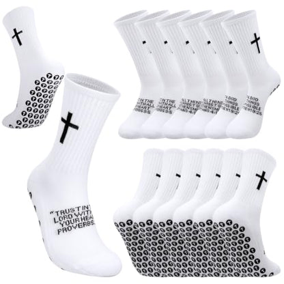 4/6 Pairs Christian Anti Slip Bible Verse Cross Print Socks - color: White 3:5