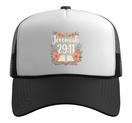Jeremiah 29:11 Bible Verse Flowers Christian Faith Women Trucker Hat with Adjustable Mesh Back - color: Black/White