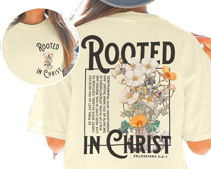 Rooted in Christ Shirt Christian Shirts for Women Jesus Oversized Tshirt - color: Beige, size: Large