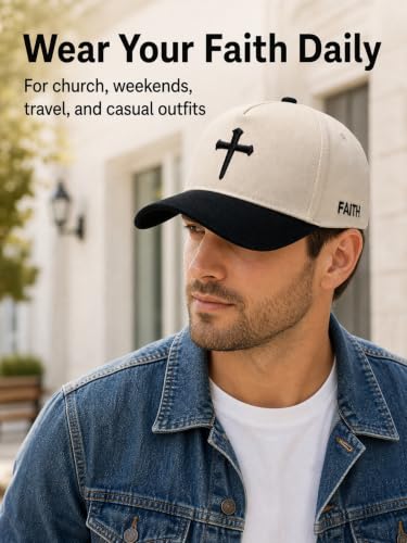 Embroidered Baseball Cap, Graphic Design Hat for Christian Faith and USA 250th - color: Beige-black