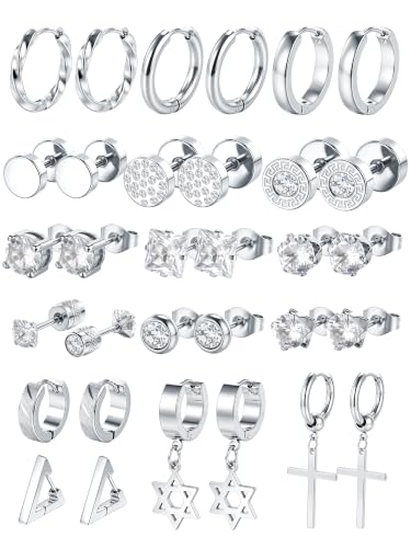 Oveta 16 Pairs 18G 16G Stainless Steel Mens Earrings, Earrings for Men with Studs Hoop Earring Cross Dangle Earrings Hypoallergenic Ear Piercing Jewelry for Men Women, Silver Gold Black - color: Silver