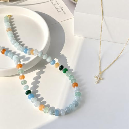 Zeffy Cross Necklace for Women,18K Gold/Silver Plated Tiny Cubic Zirconia Cross Pendant Necklace for Women Simple Layered Cross Necklaces for Women - color: CZ Cross&Green Gemstone