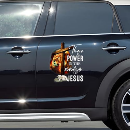 Jesus Lion of Judah Cross and Lamb There is Power in The Name of Jesus Transparent Vinyl Car Sticker (9x9 inches) - size: 1 Pack Size (9x9 inches)
