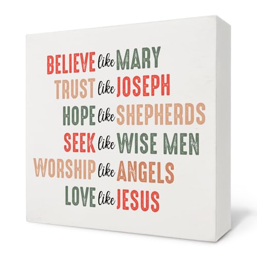 Christian Wooden Sign, Believe Like Mary Christmas Inspirational Wooden Box Sign, Retro Christmas Decor for Home Office Desk Table Tabletop Shelf, 5x5 Inch - color: Christmas