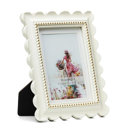 Wavy 5x7 Picture Frame White with Gold Beaded Trim, Resin Frame with Real Glass, Display 5x7 Photos Matted to 4x6, Vertical and Horizontal Desk Tabletop or Wall Hanging - color: White, size: 5x7