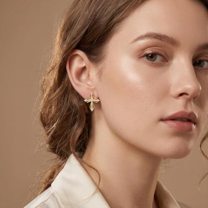 Sterling Silver Dainty Cross Earrings For Women, Christian Religious Faith Cubic Zirconia Stud Earrings - color: 18k Gold