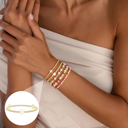 M MOOHAM Beaded Bracelets for Women Teen Girls, 14K Gold Bracelet Stack - color: 14K Gold Plated Cross