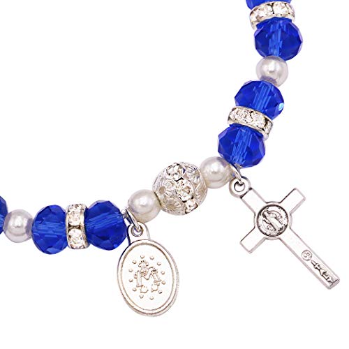 Rosemarie Collections Women's Beaded Stretch Rosary Bracelet with Crucifix and Miraculous Medal - color: Medium Blue