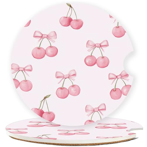 Ceramic Car Cup Holder Coasters Set of 2, 2.56 in Pink Bow Cherry - color: Pink Bow Cherry