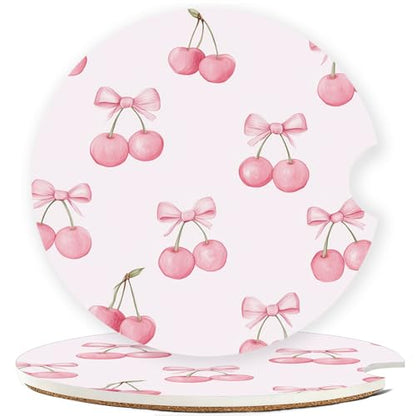 Ceramic Car Cup Holder Coasters Set of 2, 2.56 in Pink Bow Cherry - color: Pink Bow Cherry
