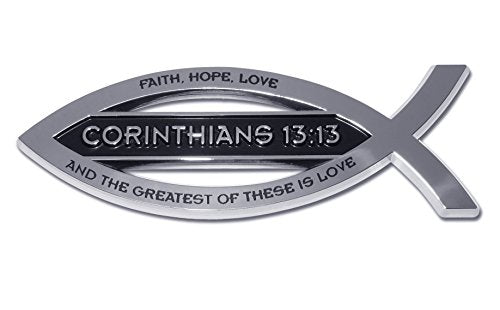Elektroplate Christian Fish Corinthians 13:13 with Verse OEM Chrome Emblem for Cars, Trucks, and All Auto | Universal Fit at 4" x 1.4" | Weatherproof - color: Corinthians 13:13