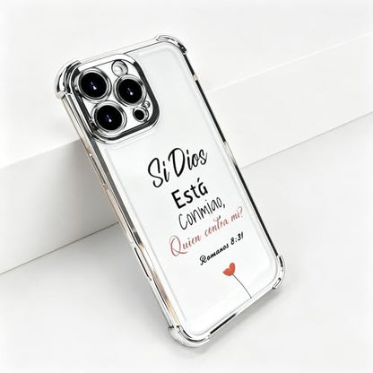 Electroplated Phone Case Compatible with iPhone 17 Pro Max 16 15 14 13 12, Si Dios Esta Conmigo Bible Verse Pattern, Four Corner Shockproof Cover, Women Faith Gift (Silver, iPhone 17 Pro)