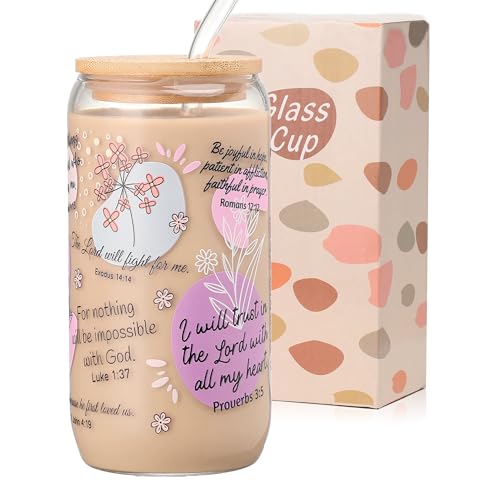 Christian Gifts for Women – 16oz Bible Verse Coffee Mug, Daily Bible Affirmations Glass Tumbler with Straw – Inspirational Religious Coffee Cup for Birthday, Mother’s Day, or Faith Lovers - color: Bible Verse-3